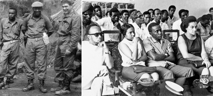 Izquierda, Congo, 1965. De la izq.: Dreke, Rafael Zerquera y Che Guevara. Che dirigió a 130 voluntarios internacionalistas cubanos que lucharon junto a combatientes congoleses contra un brutal régimen respaldado por Washington. Dreke fue el segundo al mando de la columna cubana. Derecho, Conakry, Guinea, 1967. Amílcar Cabral (izquierda) y otros dirigentes del movimiento independentista de Guinea-Bissau asisten a evento en embajada cubana. Dreke (centro) era jefe de los combatientes voluntarios cubanos que apoyaban a los luchadores contra el dominio portugués. Los cubanos jugaron un papel decisivo en esa lucha, que logró la independencia en 1974 y derrocó todo el imperio colonial portugués.