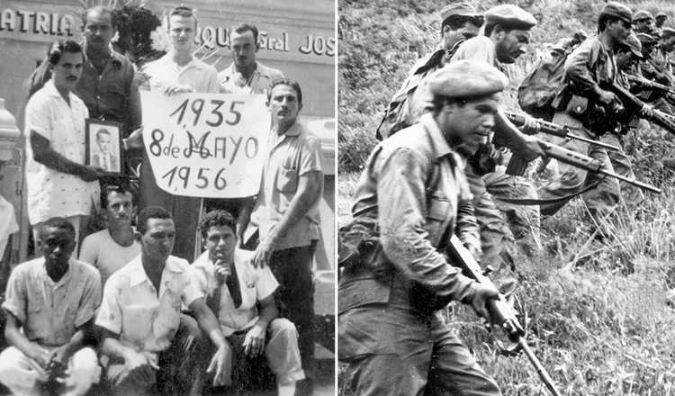Izquierda, Sagua la Grande, Cuba, mayo 1956. Víctor Dreke (abajo, izq.) y otros jóvenes opuestos a la dictadura de Batista honran a Antonio Guiteras, líder revolucionario asesinado en 1935. Derecha, una de las unidades militares que a principios de los años 60, bajo el mando de Dreke, recorrieron la sierra del Escambray, región central de Cuba, para aplastar a bandas contrarrevolucionarias apoyadas por Washington. Los bandidos aterrorizaban a los campesinos a fin de reimponer un régimen capitalista subordinado al imperialismo norteamericano.