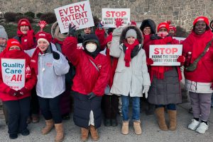 Thousands of members of New York State Nurses Association have kept spirited picket lines up at 10 outlets of three major New York hospitals since Jan. 12, demanding adequate staffing, safe working conditions and decent health care benefits. Above, at Montefiore Hospital Jan. 19.