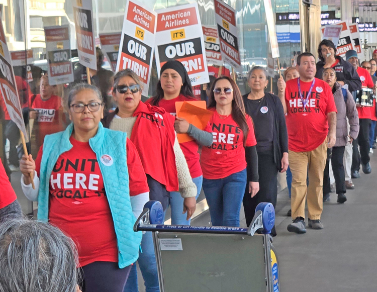 UNITE HERE members, who have been fighting for a contract at Sky Chefs since 2018 picketed at U.S. airports in December over wages, health care, safety. Above, Local 11 in Los Angeles.