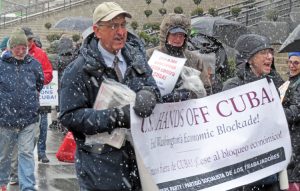 Paul Mailhot, party’s candidate for New York governor, and Joanne Kuniansky, candidate for U.S. Senate in New Jersey, at Feb. 22 protest in New York defending Cuban sovereignty and its socialist revolution.