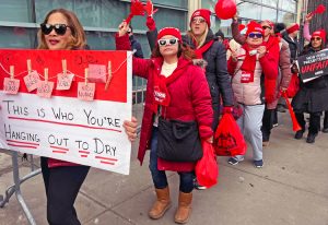 Nurses picket New York-Presbyterian Hospital Feb. 14. Some 4,200 have ve been on strike here for over a month in fight to force bosses to provide adequate staffing to meet patients’ needs.
