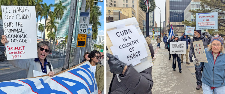 Izq., Rachele Fruit, candidata del PST para el Senado EE.UU. en Florida, participa en protesta con Coalición de Miami para Acabar con el Bloqueo y otras personas el 8 de feb. Der., PST junto a Comité de Minnesota por Cuba, SCOTA y otros en piquete, Minneapolis, 9 de feb.