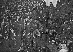 Mounted police block 50,000 workers at rally, called by Socialist Workers Party, protesting Nazi meeting at Madison Square Garden in New York, Feb. 20, 1939. Working class needs to advance struggle for power, including the defeat of fascist violence against Jews, unions.