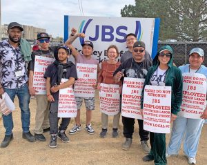 Picket line in UFCW Local 7 strike at JBS meatpacking plant in Greeley, Colorado, March 24. Support in area for strikers is strong as fight by more than 3,800 workers enters second week.