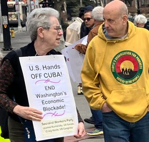 Joanne Kuniansky, New Jersey SWP candidate for U.S. Senate, at March 8 picket to demand U.S. hands off Cuba.