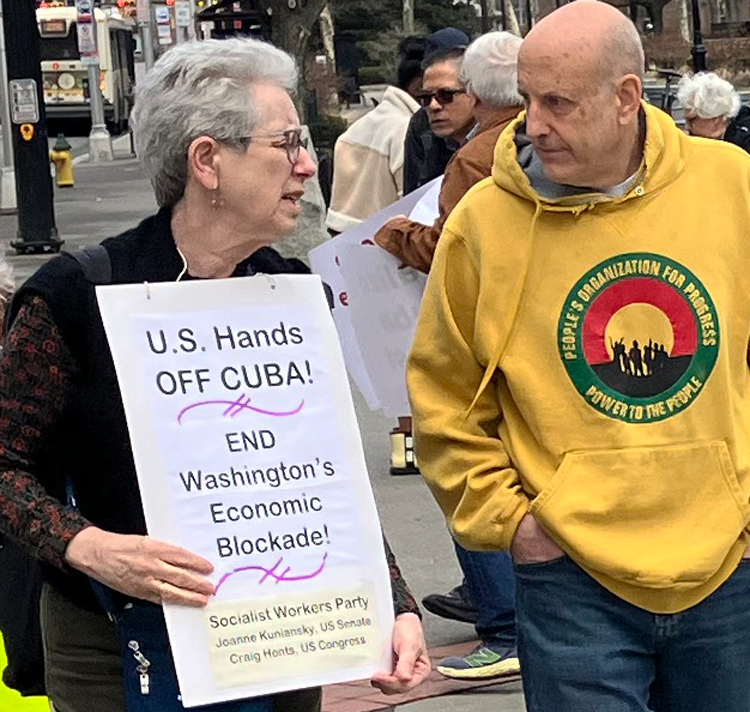 Joanne Kuniansky, New Jersey SWP candidate for U.S. Senate, at March 8 picket to demand U.S. hands off Cuba.
