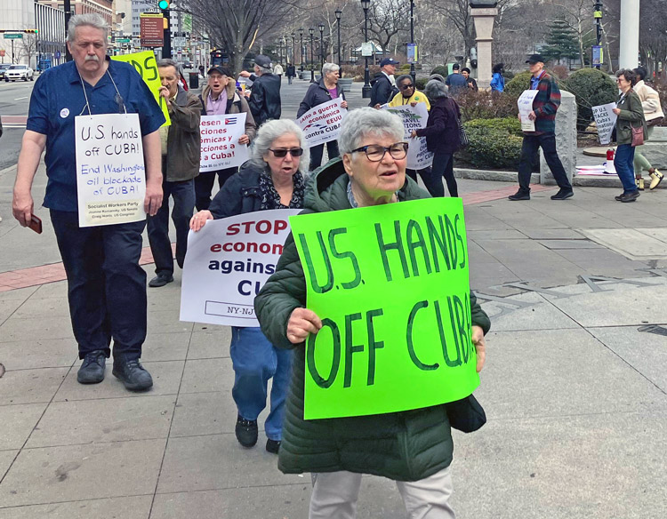 Actions grow across U.S. demanding “US hands off Cuba!” Above, 35 protesters marched in Newark, New Jersey, March 8, calling on Washington to end attacks, oil blockade on Cuba.