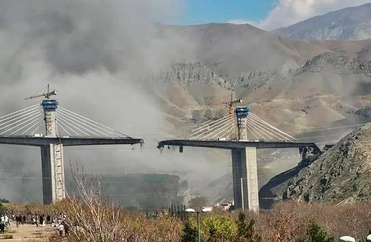 Bridge under construction to link Tehran and Karaj, Iran, was heavily damaged in U.S. airstrike April 2. Washington threatened to destroy Iranian infrastructure, electric grid and bridges.