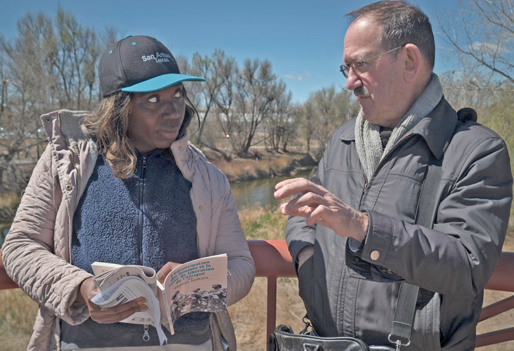 Joe Young, Communist League candidate for Quebec National Assembly, brings solidarity to JBS striker Aveline Joseph in Greeley, Colorado, April 2, introduces the Militant, books.