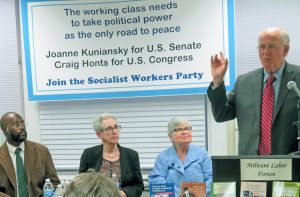 April 18 Militant Labor Forum in Union City, New Jersey, featured Socialist Workers Party candidates. From left, Willie Cotton for lieutenant governor in New York; Joanne Kuniansky for U.S. Senate from New Jersey; Lea Sherman, chair; and Tony Lane for governor of Pennsylvania.