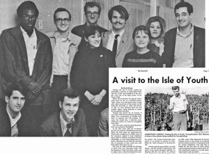 Dave Prince, lower left, with Young Socialist Alliance solidarity delegation to Cuba in 1969. Inset, Prince’s article on their visit to Isle of Youth.