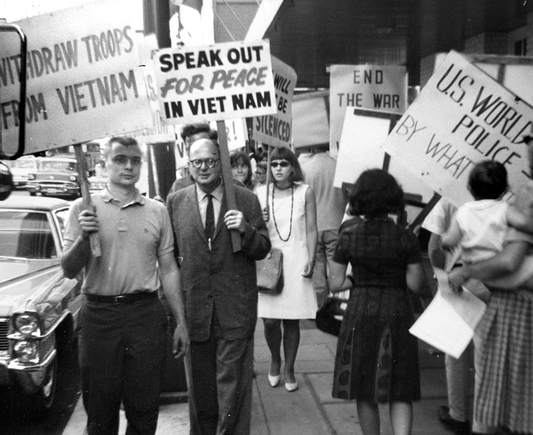 John Benson, left, marching in a protest against the war in Vietnam in Minneapolis on July 26, 1965. Benson traveled internationally, building support for the SWP and Pathfinder books. 
