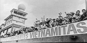 Vietnamese combatants coming to cut sugarcane in Cuba are greeted at Havana airport, 1970. Cuba promoted international solidarity with Vietnamese struggle against U.S. rulers’ war.