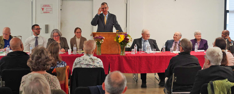 Panel at New York meeting March 22 celebrating life and political contributions of Dave Prince. Inset, Jack Barnes, national secretary of SWP who collaborated closely with Prince in party leadership work for decades, with Mary-Alice Waters and Paul Mailhot, co-chairs of the meeting.