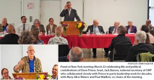 Panel at New York meeting March 22 celebrating life and political contributions of Dave Prince. Inset, Jack Barnes, national secretary of SWP who collaborated closely with Prince in party leadership work for decades, with Mary-Alice Waters and Paul Mailhot, co-chairs of the meeting.