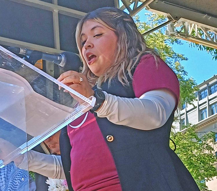 Jennifer Vasquez Sura, wife of Kilmar Ábrego García, read message from him to Washington, D.C., May Day action. “Hold your head high for justice and dignity and keep fighting,” he said.