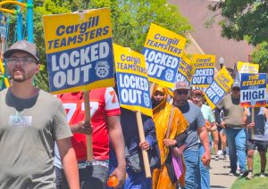 Some 1,700 Teamster packinghouse workers were locked out May 20 by Cargill bosses in Fort Morgan, Colorado. Above, one part of May 25 Memorial Day union picket line.