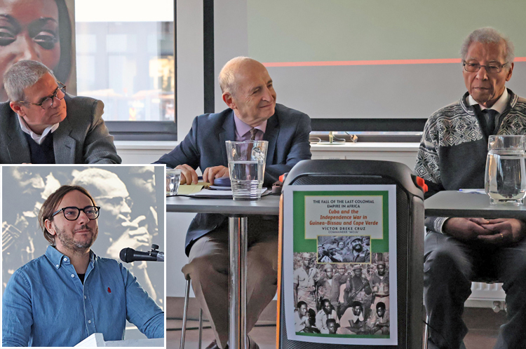 Evento sobre Cuba y la guerra de independencia de Guinea-Bissau y Cabo Verde: La caída del último imperio colonial en África de Víctor Dreke, 22 de abril. Arriba, de la izq., Hugo Ramos Milanés, embajador cubano en Noruega; Jonathan Silberman, director de Libros Pathfinder en Londres; y António Barbosa da Silva de Organización Cabo Verde. Recuadro, Christopher Lillehagen Hansen, miembro editorial de consejo noruego de revista Afrika.no.
