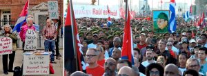 Right, 250,000 Cubans rally in front of U.S. Embassy in Havana May 22 to protest Washington’s indictment of Raúl Castro, a central leader of Cuba’s socialist revolution. Left, 100 people joined rally next day in Boston, among growing protests against U.S. war threats on Cuba.