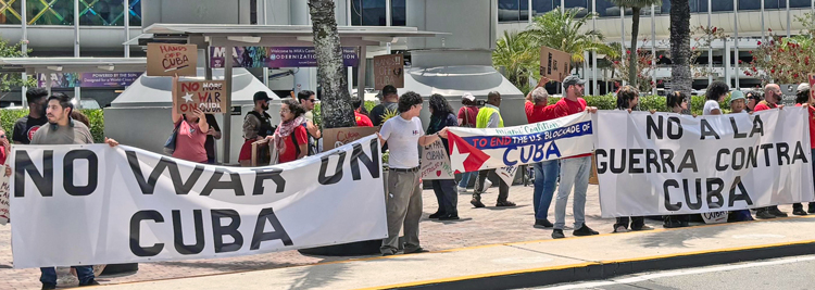 Some 50 people joined in May 31 protest against Washington’s war threats and blockade against Cuba held at Miami int’l airport.