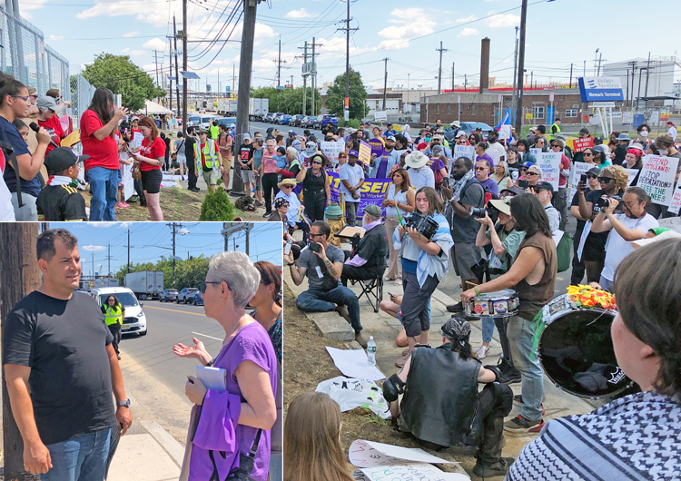 Family members, supporters rally outside Delaney Hall detention center in Newark June 21. Inset, Roberto Silveira, whose brother is held inside by ICE, told Joanne Kuniansky, SWP candidate for U.S. Senate, that Trump’s lying when he says he only uses ICE against criminals.