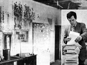 Los Angeles SWP headquarters firebombed in May 1970, with four people inside, by counterrevolutionary Cubans with long history of working with FBI and CIA. Inset, SWP leader Syd Stapleton with 3,138 documents the FBI was forced to turn over as a result of the SWP lawsuit.