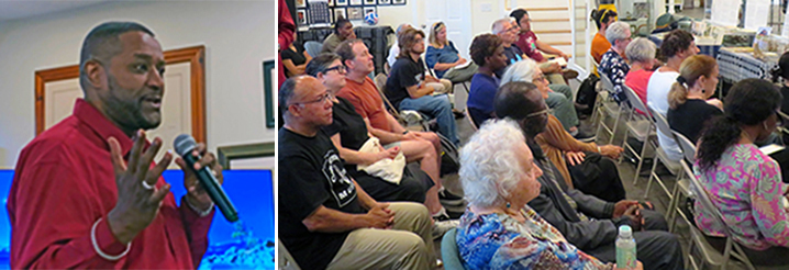Over 40 people, above, joined discussion at Cape Verdean Museum in Pawtucket, Rhode Island, June 28 on new Pathfinder book Cuba and the Independence War in Guinea-Bissau and Cape Verde: The Fall of the Last Colonial Empire in Africa by Cuban revolutionary leader Víctor Dreke. . Inset: Joe DaMoura, the museum’s director, said as a youth in the U.S. he was taught to hate Cuba. “All those years,” he said, “I hated people who helped me and my country achieve independence.”