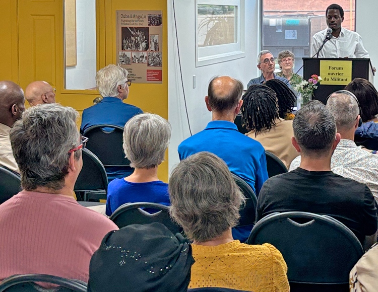 Montreal event June 28 on French edition of Cuba and the Independence War in Guinea-Bissau and Cape Verde by Víctor Dreke. Panel from right: Idris Diallo, National Front for Defense of the Constitution; Katy LeRougetel, Communist League; Michel Prairie, chair.