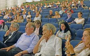 Audience at second international Contemporary Antisemitism conference July 7-9 in Haifa, Israel. Inset, Cochav Elkayam-Levy, from Civil Commission on October 7th Crimes by Hamas Against 
Women and Children, speaks at the conference.
