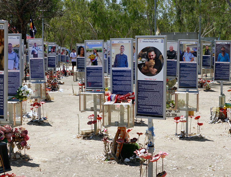 Site of Oct. 7, 2023, Nova Festival in Israel, now a memorial to some 400 mainly young participants murdered or taken hostage in Hamas pogrom there solely because they were Jews.