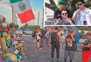 Memorial para Lorenzo Salgado Araujo en área mexicana de Houston, Texas. Recuadro: Su hijo Ronaldo habla en mitin en Houston el 1 9 de julio, “el gobierno teme a gente unida”.