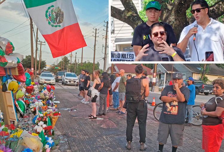 Memorial para Lorenzo Salgado Araujo en área mexicana de Houston, Texas. Recuadro: Su hijo Ronaldo habla en mitin en Houston el 1 9 de julio, “el gobierno teme a gente unida”.