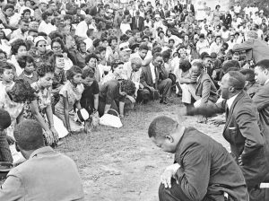 Prayer protest in Birmingham May 5, 1963. Cop leader “Bull” Connor had ordered firemen to turn high-power hoses on marchers, but some balked. Connor had to allow the protest.