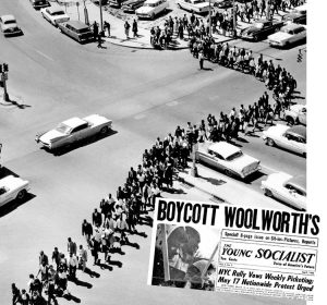 Protest after firebombing of house of Z. Alexander Looby, lawyer for students organizing lunch counter sit-ins in Nashville, Tennessee, April 19, 1960. Marchers confronted Mayor Ben West, who agreed to desegregate pub-lic facilities. Inset, Young Socialist magazine calls for solidarity.