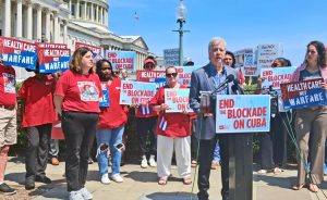 Bob Schwartz from Global Health Partners speaks at National Nurses United event June 30 in Washington, D.C., opposing U.S. blockade on Cuba. More protests like this are needed today.