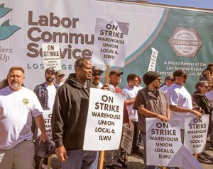 Striking members of ILWU Local 6 at C&H Sugar in Crockett, California, receive six pallets of essential aid, including food, in solidarity from Los Angeles Labor Council June 30.