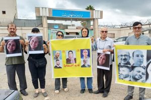 Trade union activists and others protest against death penalty outside prison in Rasht in Iran’s Gilan province, just hours after two protesters arrested in January were executed in Isfahan. Regime has stepped up executions, deepening opposition to its dictatorial rule.
