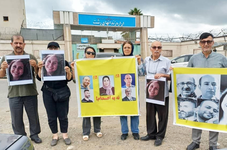 Trade union activists and others protest against death penalty outside prison in Rasht in Iran’s Gilan province, just hours after two protesters arrested in January were executed in Isfahan. Regime has stepped up executions, deepening opposition to its dictatorial rule.