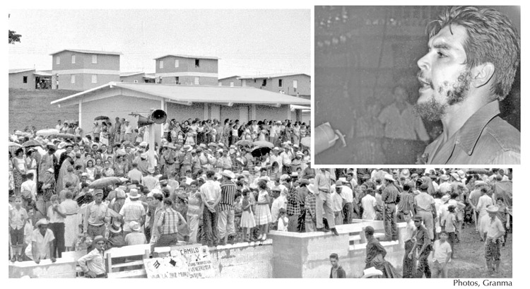 « Cette révolution a découvert, par ses propres méthodes, le chemin indiqué par Marx », a expliquéChe Guevara [encart] aux 900 participants du congrès de la jeunesse tenu à La Havane en juillet 1960. Ci-dessus, des familles paysannes devant de nouvelles maisons lors de la réforme agraire à Cuba. 
