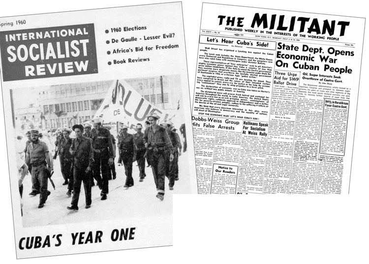 À gauche, la couverture du numéro du printemps 1960 de la revue International Socialist Review. Barnes a expliqué à la conférence comment la lecture de l’article « Étude de cas d'une expérience » publié dans la revue l’a influencé au milieu des débats sur le caractère socialiste de la Révolution cubaine. À droite, le numéro du 11 juillet 1960 du Militant.