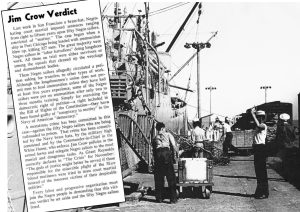 Loading ammunition at Port Chicago, California, in World War II. In October 1944, 50 Black enlisted men were court-martialed for “mutiny” for refusing to return to jobs after explosion on a ship killed 320, mostly soldiers. Inset, Dec. 2, 1944, Militant editorial de-nounces verdict.