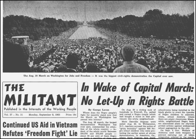 Front-page coverage of Aug. 28 March on Washington for Jobs and Freedom in Sept. 9, 1963, Militant.