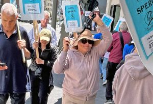 Members of UNITE HERE Local 2 picket outside Hotel Spero in San Francisco Aug. 16, part of five-day strike for wage increases and to protest bosses slashing their paid days off.