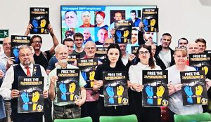 Aug. 27 London event featured Chris Kitchen, left, National Union of Mineworkers general chair; Ukrainian unionists, center — Khrystyna Levchenko, representing Zaporizhzhia nuclear workers’ union, and Ivanna Khrapko, from Federation of Trade Unions of Ukraine.