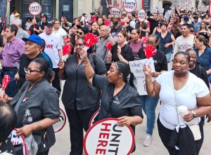 Hundreds of hotel workers, members of UNITE HERE Local 1, marched in Chicago Sept. 1 after their contract expired. They’re fighting for a wage raise, better benefits and a safer workload.