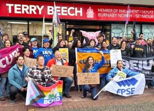 Members of the Canadian Union of Public Employees and other unions rally in Burnaby, British Columbia, Sept. 25 against Bill C-39, which would give the government power to end strikes.