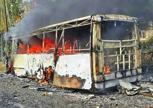 As Moscow loses ground in Ukraine, it is escalating airstrikes on workers there. Above, deadly glide bomb attack on bus stop in Kramatorsk Oct. 8 killed at least 30 people, injured 18 more.