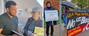 Left, Joanne Kuniansky, SWP candidate for U.S. Senate from New Jersey, describes her party’s program to hospital electrician Darwin Cruz in Perth Amboy Oct. 25. Right, Kevin Dwire, SWP Senate candidate in Minnesota, joins Oct. 26 Minneapolis protest, “U.S. hands off Cuba!”
