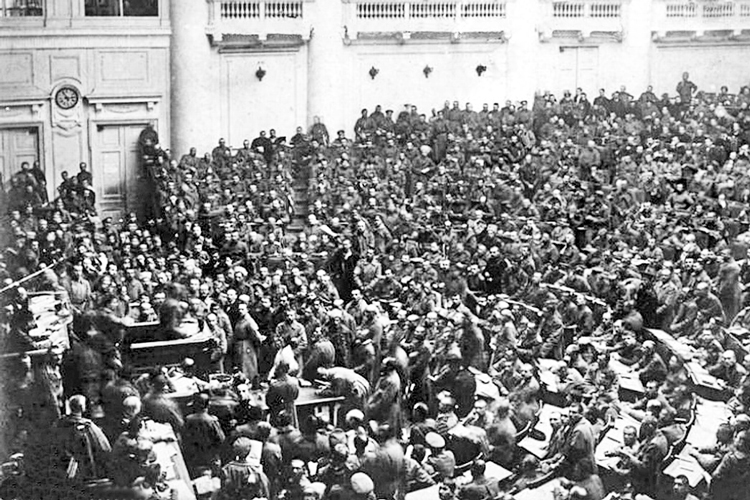 Petrograd Soviet meets during 1917 Russian Revolution. The Bolshevik Party led by V.I. Lenin went from a tiny minority party in February to leading the workers, peasants and soldiers to take power eight months later, opening the door to the world’s first socialist revolution.